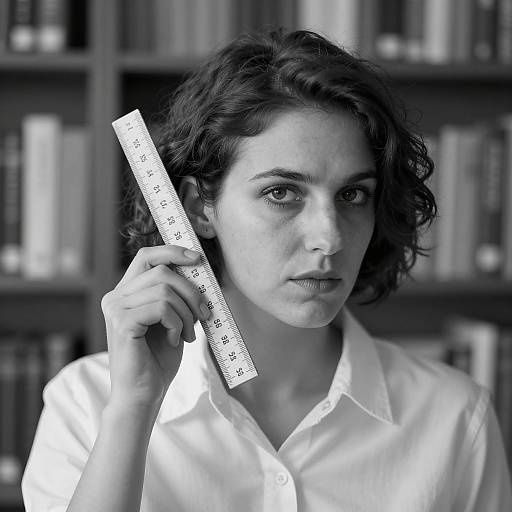 Woman Holding Ruler by Ear in Black and White
