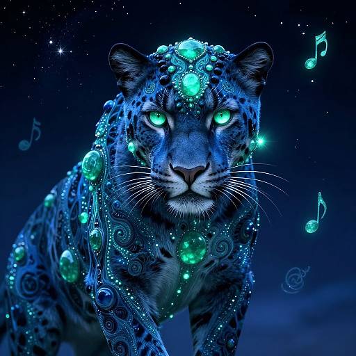 Digital artwork of a glowing blue-black leopard adorned with turquoise jewels, neon green eyes, and floating musical notes against a starry night sky.