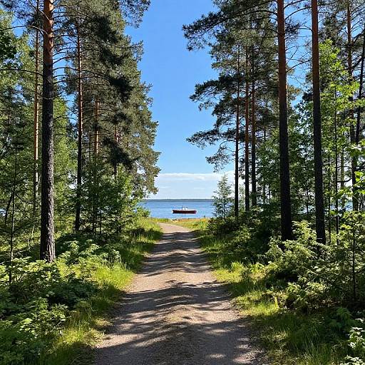 Photograph of a sunlit forest path with tall pine trees on both sides, leading to a clear blue lake in the distance.