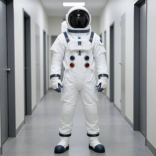 Photograph of an astronaut in a white spacesuit with a black helmet, standing in a brightly lit, narrow, gray hallway.
