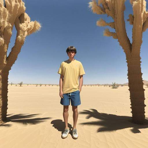 Young man standing in desert between unique wooden sculptures