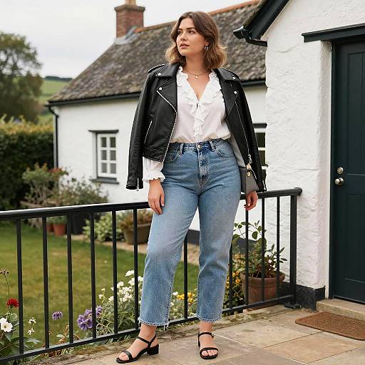 Photograph of a woman with wavy brown hair, white blouse, black leather jacket, high-waisted blue jeans, and black sandals, standing