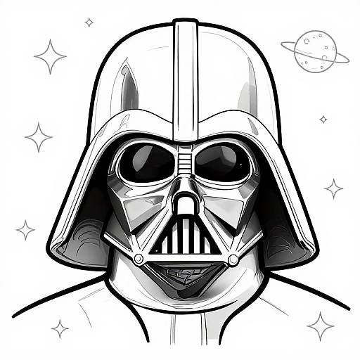 Black-and-white digital drawing of Darth Vader's helmet with bold lines, large black eye covers, and a small planet in the top right corner. Spark
