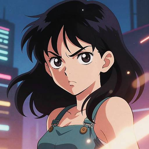 Anime-style digital drawing of a determined young woman with black hair, wearing blue overalls, set against a neon-lit city night background.