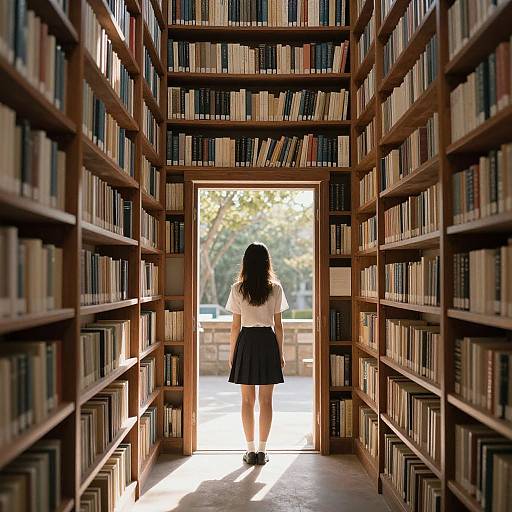 Photograph of a woman with long black hair, white blouse, and black skirt, standing in a sunlit library aisle, surrounded by tall wooden book