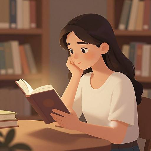 Digital anime-style illustration of a young woman with long black hair, wearing a white shirt, reading a book in a dimly lit library. Blurred