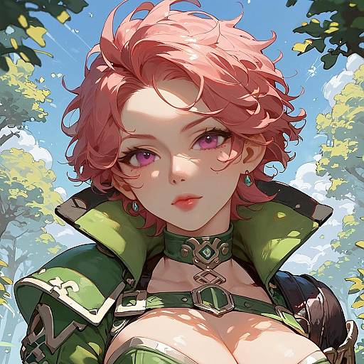 Anime Girl in Forest with Green Jacket