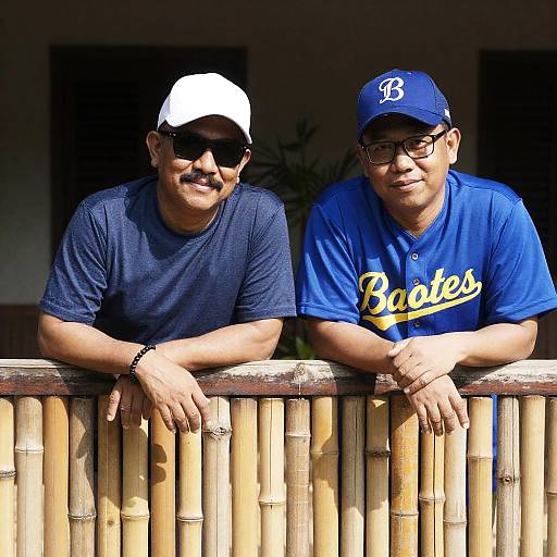 Two Men Relaxing by Bamboo Fence