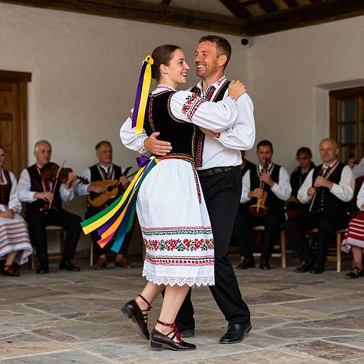 Photograph of a smiling couple in traditional folk costumes, dancing in a rustic room with musicians and audience in the background.