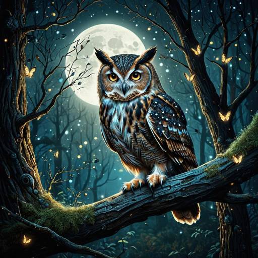 Wise Owl on Branch at Moonlight