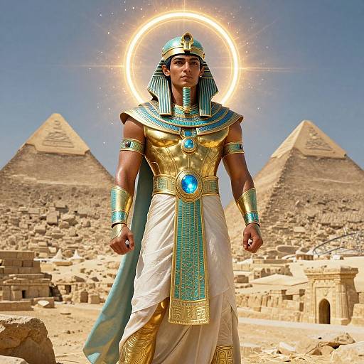 Photograph of an Egyptian pharaoh with glowing halo, golden armor, blue and turquoise headdress, white kilt, standing before pyramids.