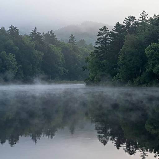 Photograph of a misty forest lake, reflecting dense, green trees with fog hanging low, creating a serene, tranquil atmosphere.