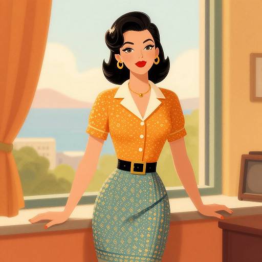 Digital illustration of a 1950s-style woman with black hair, red lipstick, orange polka-dot blouse, blue patterned skirt, gold earrings