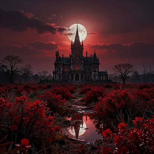 Photograph-style digital art: Gothic castle silhouetted against a full red moon, surrounded by dark red bushes and a reflective water path.