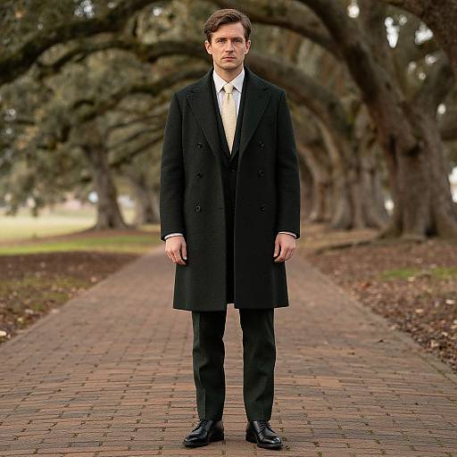 Man in Tailored Suit by Oak Trees