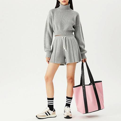 Photograph of a young woman in a grey, ribbed, long-sleeve sweater and matching shorts, white socks with black stripes, white sneakers