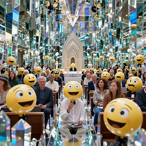 Photograph of a modern church with mirrored walls, filled with seated attendees holding yellow smiley face balloons, under glowing LED lights.