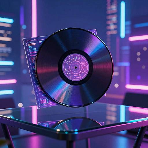 Neon-lit photograph of a vinyl record on a glass table, with futuristic, purple and blue neon lights in the background.