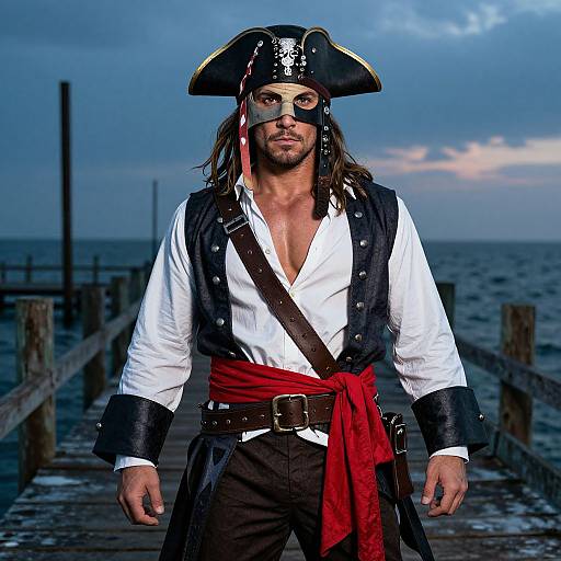 Photograph of a muscular, bearded man dressed as a pirate with a black tricorn hat, eye patch, white shirt, black vest, red