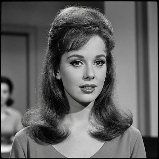 Black-and-white photograph of a 1950s-style woman with dark, wavy hair, pearl earrings, and a V-neck top, looking slightly