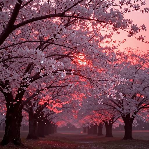 Photograph of cherry blossom trees with vibrant pink and red flowers against a pink sunset sky, creating a dreamy, enchanting scene.