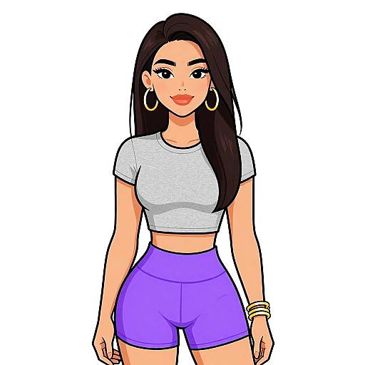 Digital illustration of a confident woman with long black hair, wearing a white crop top, purple high-waisted shorts, gold hoop earrings, and bracelets