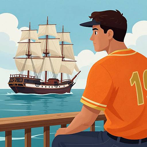 Man Gazing at Historic Sailing Ship