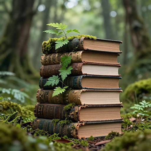Stack of vintage books with moss and ferns on top, set in a lush, forested background. Photograph.