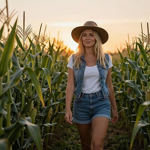 Photograph of a blonde woman in a brown hat, white shirt, denim vest, and shorts, walking through a sunlit cornfield at sunset.