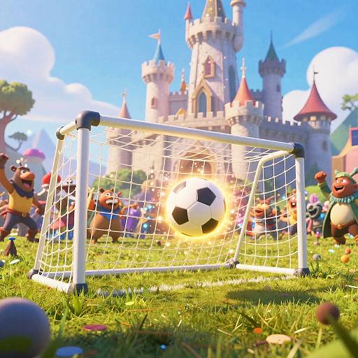 CGI image of cartoon soccer goal with ball mid-air, surrounded by cheering bear characters, with a castle in the background. Bright, sunny day.