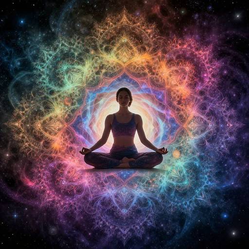 Silhouetted woman in yoga pose, sitting cross-legged, surrounded by vibrant, colorful, cosmic energy swirls against a starry black background.