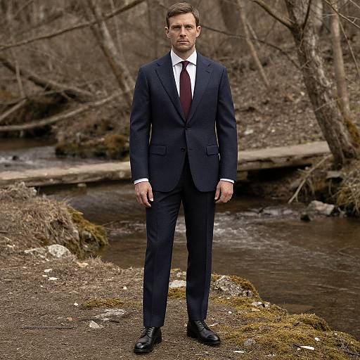 Photograph of a serious, tall, white man in a dark navy suit, white shirt, and maroon tie standing by a forest stream.