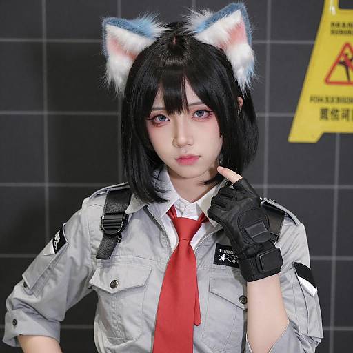 Asian Woman in Tactical Jacket with Cat Ears
