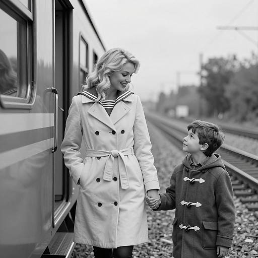 Mother and son near train tracks