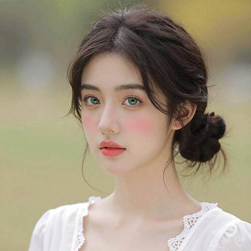 Photograph of a young Asian woman with fair skin, green eyes, and dark hair in a loose bun, wearing a white lace top, standing against