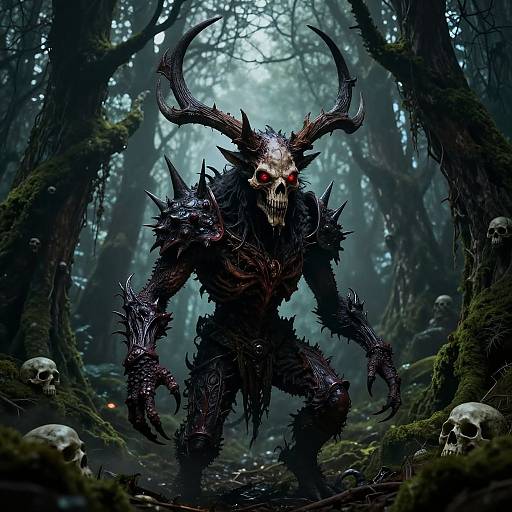 Digital artwork of a demonic creature with black, spiked armor, red eyes, and large horns in a dark, misty forest, surrounded by skulls.