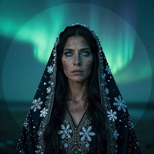 Photograph of a woman with blue eyes, long brown hair, wearing a black embroidered veil with white snowflake patterns, against a blue-green aurora