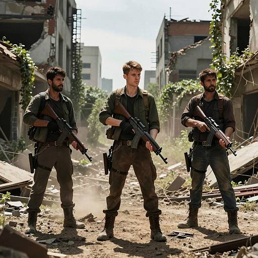 Photorealistic CGI of three armed, rugged men in tactical gear standing in a sunlit, ruined urban alley with debris and overgrown plants.