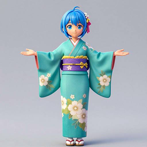 3D Anime Girl in Teal Kimono