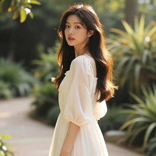 Photograph of an East Asian woman with long, wavy black hair, wearing a sheer white dress, standing in a sunlit, lush garden.