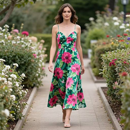 Photograph of a brunette woman in a green floral sundress with pink flowers, walking down a garden path with blooming bushes.