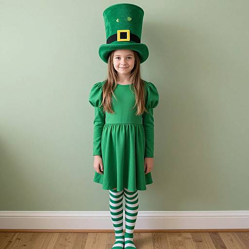 Photograph of a young girl with long brown hair, wearing a green dress, striped tights, and a tall green top hat with a black belt