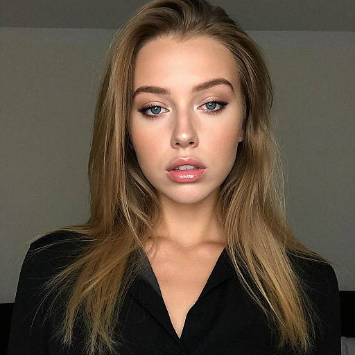 Photograph of a young woman with long, straight brown hair, blue eyes, and glossy pink lips, wearing a black blazer, against a plain