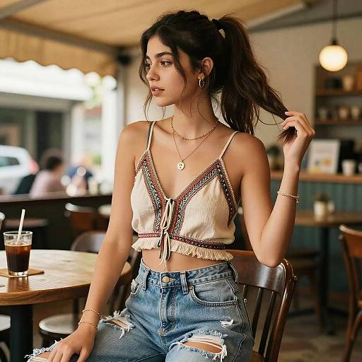 Photograph of a young woman with dark hair in a ponytail, wearing a white crop top and distressed denim shorts, sitting at a café table with