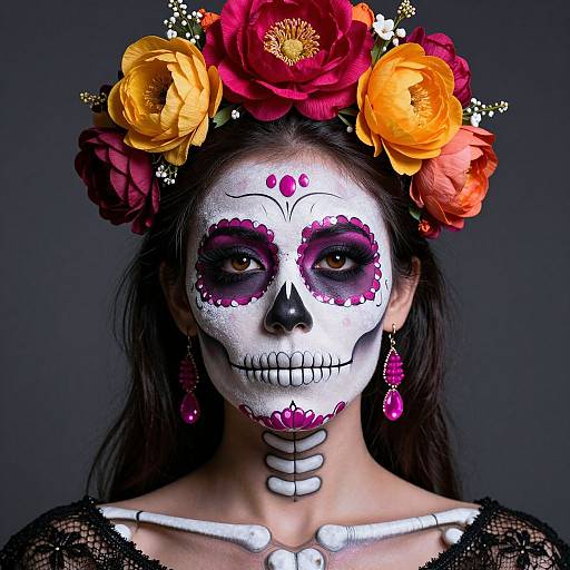 Photograph of a woman with white face paint and purple eye makeup, adorned with a colorful flower crown, skeletal decorations, and pink earrings, set against