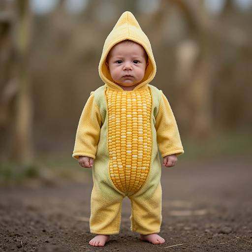 Photograph of a baby in a yellow corn costume with hood, standing barefoot on a dirt path in a blurred forest background.