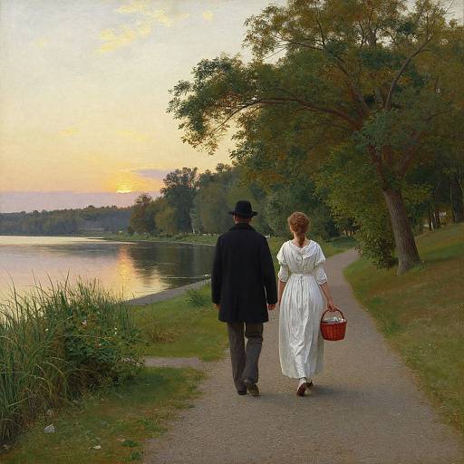Romantic Lakeside Stroll Oil Painting