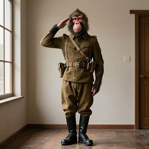 Baboon in WWI Military Uniform Saluting