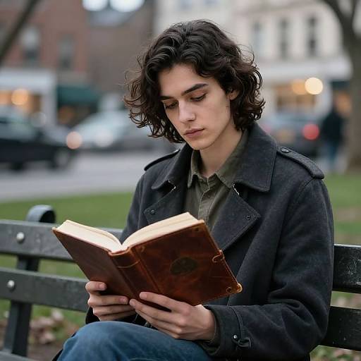 Photograph of a young man with curly brown hair, wearing a dark coat and green shirt, reading a leather-bound book on a park bench, blurred