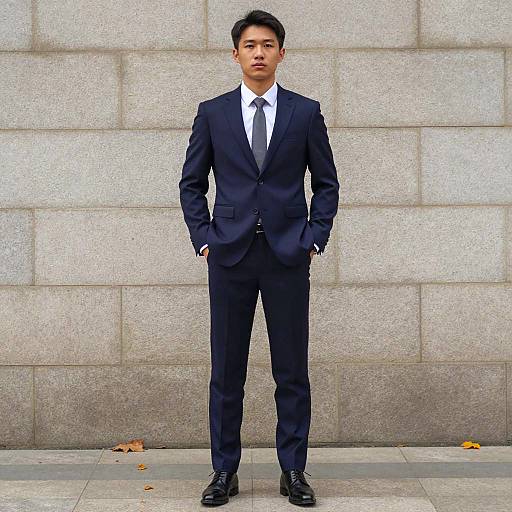 Young Asian man in dark blue suit standing outdoors
